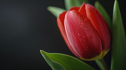 Naklejka premium A red flower with green leaves. The flower is drooping