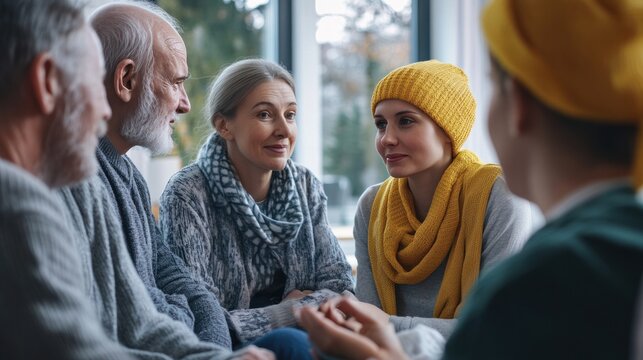 Elderly and young cancer patients in a support group, sharing their experiences and offering hope to one another