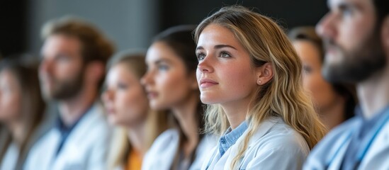 Obraz premium A group of young people in white coats listen attentively to a speaker.