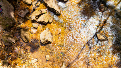 Daytime riverbank in Sri Lanka. Clear water flows over smooth stones along the riverbank in Sri Lanka, surrounded by lush greenery and tranquil natural beauty.