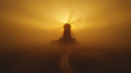 A Silhouette of a Windmill in a Foggy Sunrise