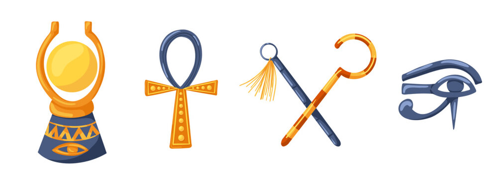 Set with ancient Egypt symbols. Aten, ankh, eye of Horus, heka, nakhakha. Cartoon hand drawn vector illustration isolated on white background. Print for sticker, logo, web