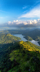 Aerial view of Sri Lanka's lush scenery. A breathtaking view showcases the vibrant greenery and winding river of Sri Lanka, reflecting the serene beauty of nature at daytime.