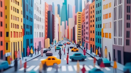 Detailed Paper Cut Representation of a Busy City Street with Tiny Urban Elements