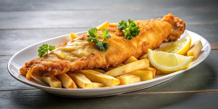 Fish and chips dish with lemon wedge on white background