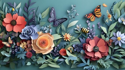 Fototapeta premium Captivating Paper Cut Garden Scene with Vibrant Floral and Insect Elements