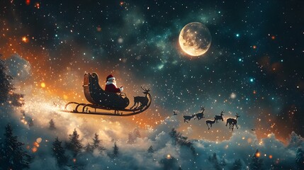 Obraz premium Santa s Magical Sleigh Ride Across a Starry Winter Sky