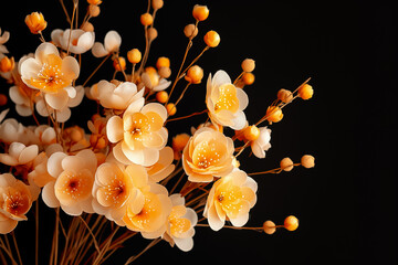 A stunning arrangement of delicate artificial flowers features soft yellow petals and intricate details, creating a serene atmosphere against a bold black backdrop, enhancing their beauty