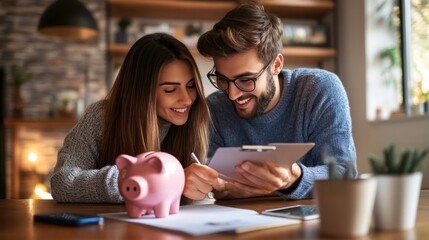 Family budget management: A young couple planning their savings together with a pink piggy bank on the table
