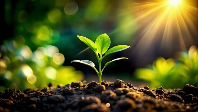A vibrant green seedling sprouts from fertile soil bathed in warm golden sunlight, symbolizing growth, new beginnings, and nature's vitality.