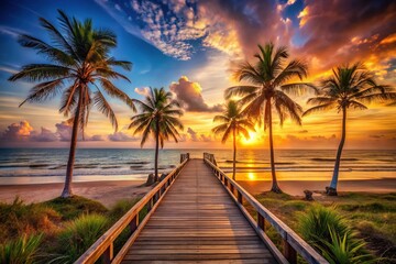 Sunset Serenity: Wooden Boardwalk by Palm-Fringed Beach at Dusk