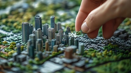 hand connecting jigsaw puzzle pieces of a green cityscape symbolizing the collaborative effort in building sustainable urban communities focusing on eco-friendly design and urban growth