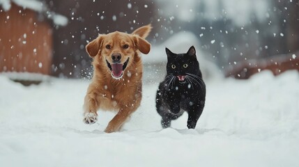 Winter Fun: Dog and Cat Playfully Running Through the Snow