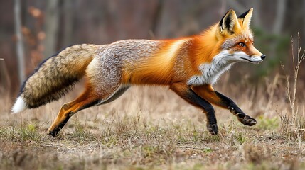 Obraz premium A fox running through a grassy field with a blurred forest background.