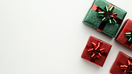 Red and green presents with a glittery ribbon on a white background with space for copy