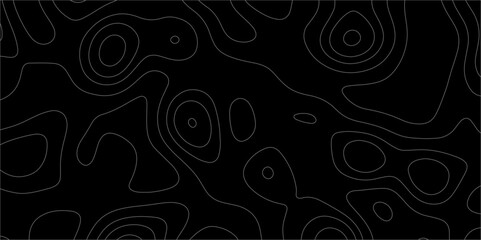 Abstract white on black background with Topographic line map pattern. abstract wavy and curved lines background. linear map. Dark seamless design. Bold tile able isolines pattern. Vector illustration.