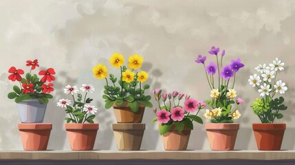 Fototapeta premium A variety of vibrant flowers bloom in decorative pots, arranged on a wooden shelf, showcasing a beautiful indoor display. Generative AI