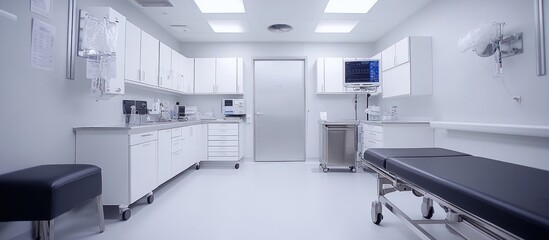 Empty examination room with white cabinets, stainless steel cart, and a black medical table on wheels.