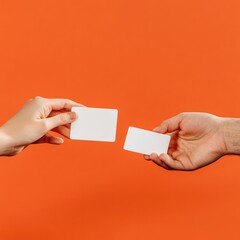 Two Hands Exchanging a Blank White Card on Solid Background, Mockup Design