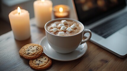A cup of hot chocolate with marshmallows, cookies, and a laptop on a wooden table with lit candles.