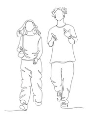 Young couple talking walking and holding phones. Man with hand watch.  Continuous one line drawing. Black and white vector illustration in line art style.