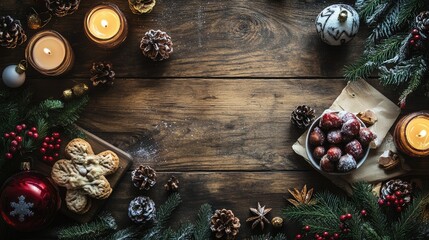 Rustic wood table with Christmas treats, candles, and ornaments leaving room for text