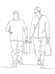2 men with shopping bags walking, talking. Continuous line drawing. Black and white vector illustration in line art style.