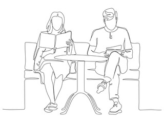 Couple looking at menu at street cafe table. Continuous line drawing. Black and white vector illustration in line art style.