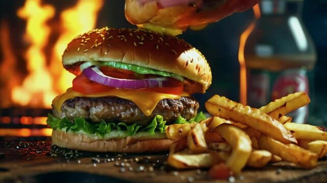 Burger with fries being prepared in a restaurant