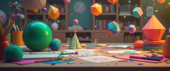 A creative scene featuring various colorful geometric shapes spread across a classroom table, highlighting educational tools and playful learning. The image emphasizes creativity and hands-on