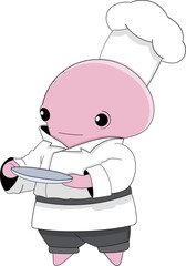 octopus chef is carrying an empty plate to be filled with food to be served