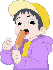Young Boy Enjoying A Delicious Corn Dog Snack While Wearing A Colorful Outfit