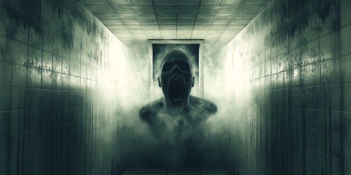 Dissolution of the Soul - A spectral being disintegrates into ethereal mist, its fearful face melting into the fog amid glowing spectral light.