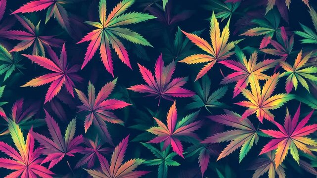 A vibrant pattern of colorful cannabis leaves, against a dark background
