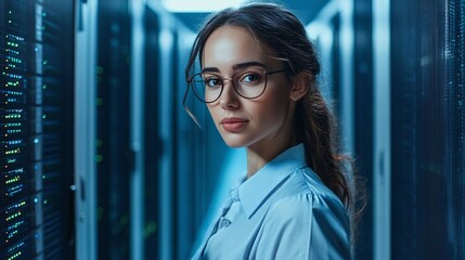 female IT professional in a technologically advanced server room discussing servers and network systems with colleagues highlighting high-tech equipment and digital infrastructure