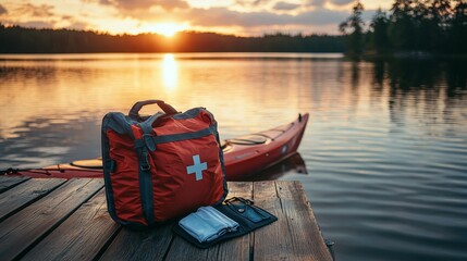 Waterproof Kayak Dry Bag and First Aid Kit on Dock
