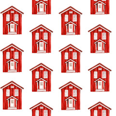 Scandinavian red wood house typical for Norway and Sweden architecture watercolor illustrated pattern.