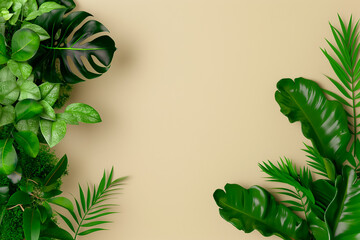 Fototapeta premium Vibrant green leaves of various tropical plants are thoughtfully arranged against a smooth neutral backdrop, evoking a sense of natures beauty and tranquility
