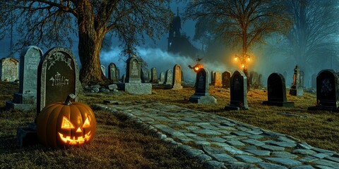 Eerie Night Cemetery - Spooky Halloween Graveyard with Tombstones, Jack-o'-Lanterns, and Foggy Trees