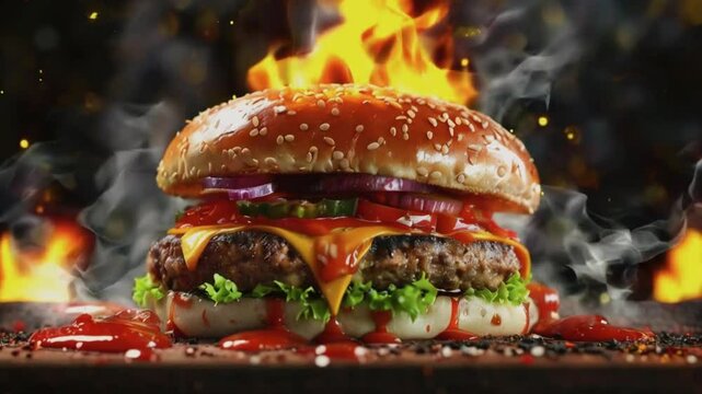 Burger with fries being prepared in a restaurant