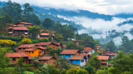 Colorful Houses on a Foggy Mountainside in Mexico