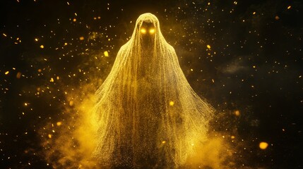 Ethereal Golden Spirit - A translucent, particle-based spirit glows with golden light against a dark, mysterious background