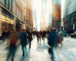 Busy Urban Street with Blurred Motion of Crowds in a Modern Cityscape Photograph - Capturing the Hustle and Bustle of City Life