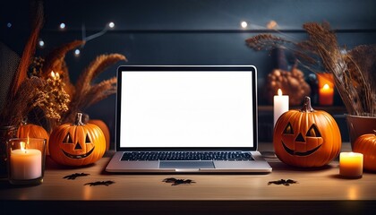 ロウィーンの装飾が施されたデスクに置かれたノートパソコン。かぼちゃやキャンドルで季節感をプラス