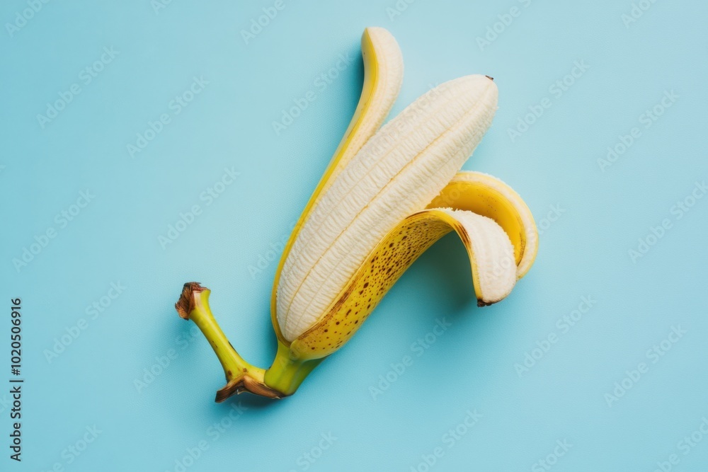 Wall mural a partially peeled banana resting on a light blue surface, showcasing its vibrant yellow color