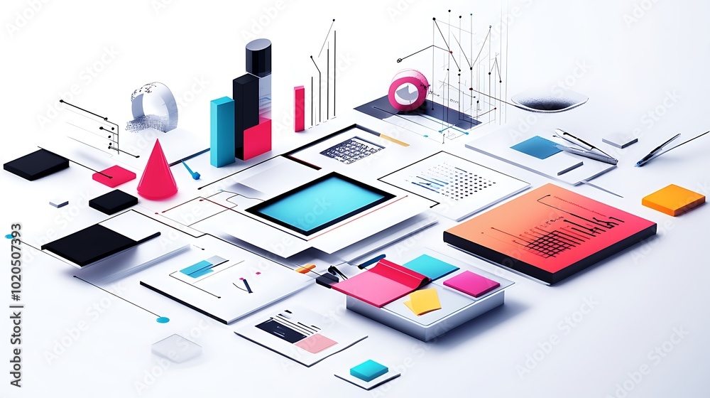 Poster abstract 3d design with geometric shapes and data visualizations