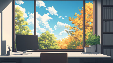 Fototapeta premium Autumn View From a Home Office Desk