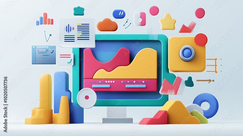 Poster abstract 3d render of colorful shapes with data visualization
