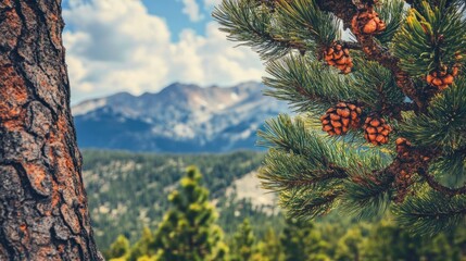 A scenic view of mountains with pine trees and cones in the foreground.