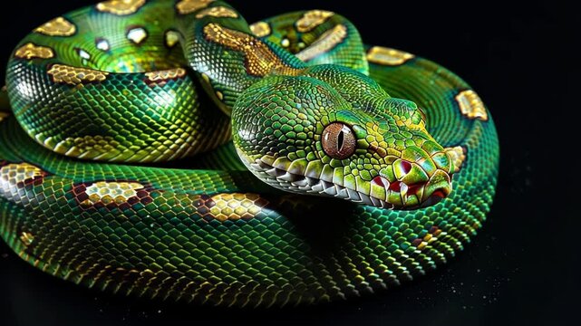 A green tree python with intricate scales curls up on a black background